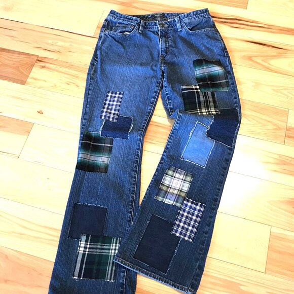 Upcycled Denim - Flannel Patchwork Jeans, 8: Upcycled Flared Grunge Hippie Jeans, Funky Pants